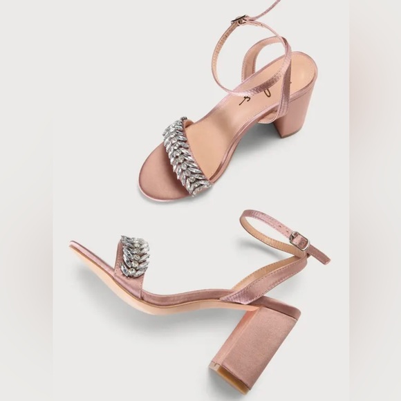 Sulliee Blush Satin Rhinestone Leaf Ankle Strap Heels ~ Block Heels ~ Baby Pink - Picture 3 of 8